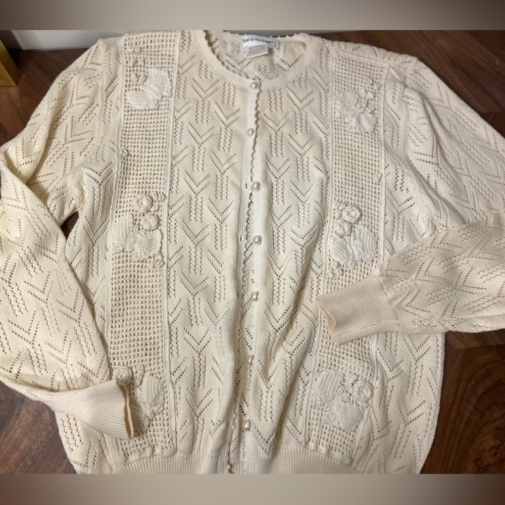 Vintage Lara Ferrante crochet knit pearl cardigan
